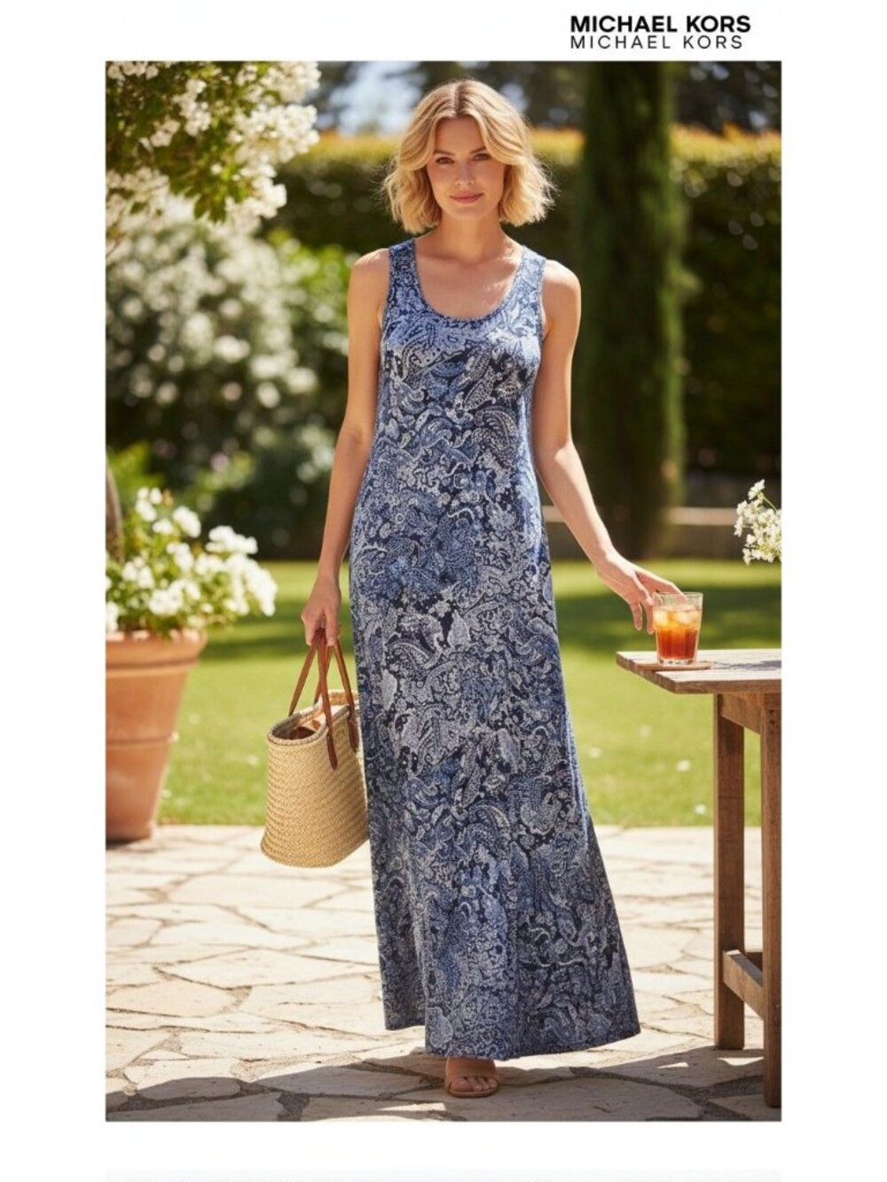 Michael Michael Kors Womens Blue Paisley Sleeveless Maxi Dress P/M Stretchy & Fl